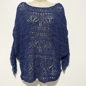 WHBM Womens Open Knit Fringe Sweater XL Blue Coachella Festival Bohemian Hippie